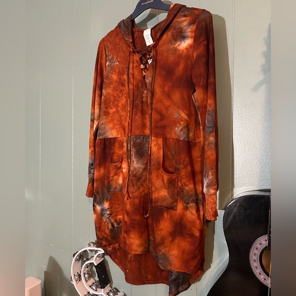 Long Sleeve Hooded Tie-dye Top Rust and Blue